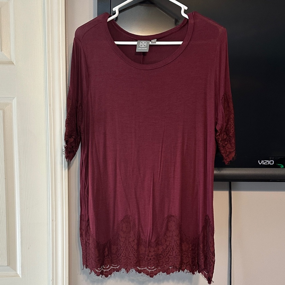 Elegant Burgundy Lace Trim Top